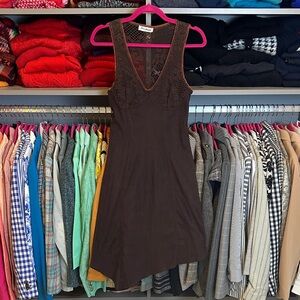 Privilege brown faux suede embroidered asymmetrical hem sleeveless dress size S